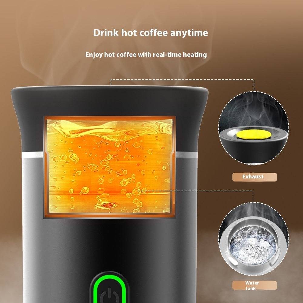 Portable espresso machine with a black exterior, transparent tank revealing steaming liquid. Features a green power button and prominent water tank.
