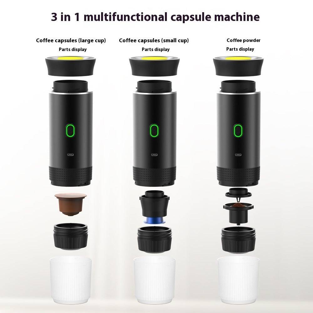 Portable espresso machine in black with green LED indicator, showcasing three configurations for coffee capsules and powder.