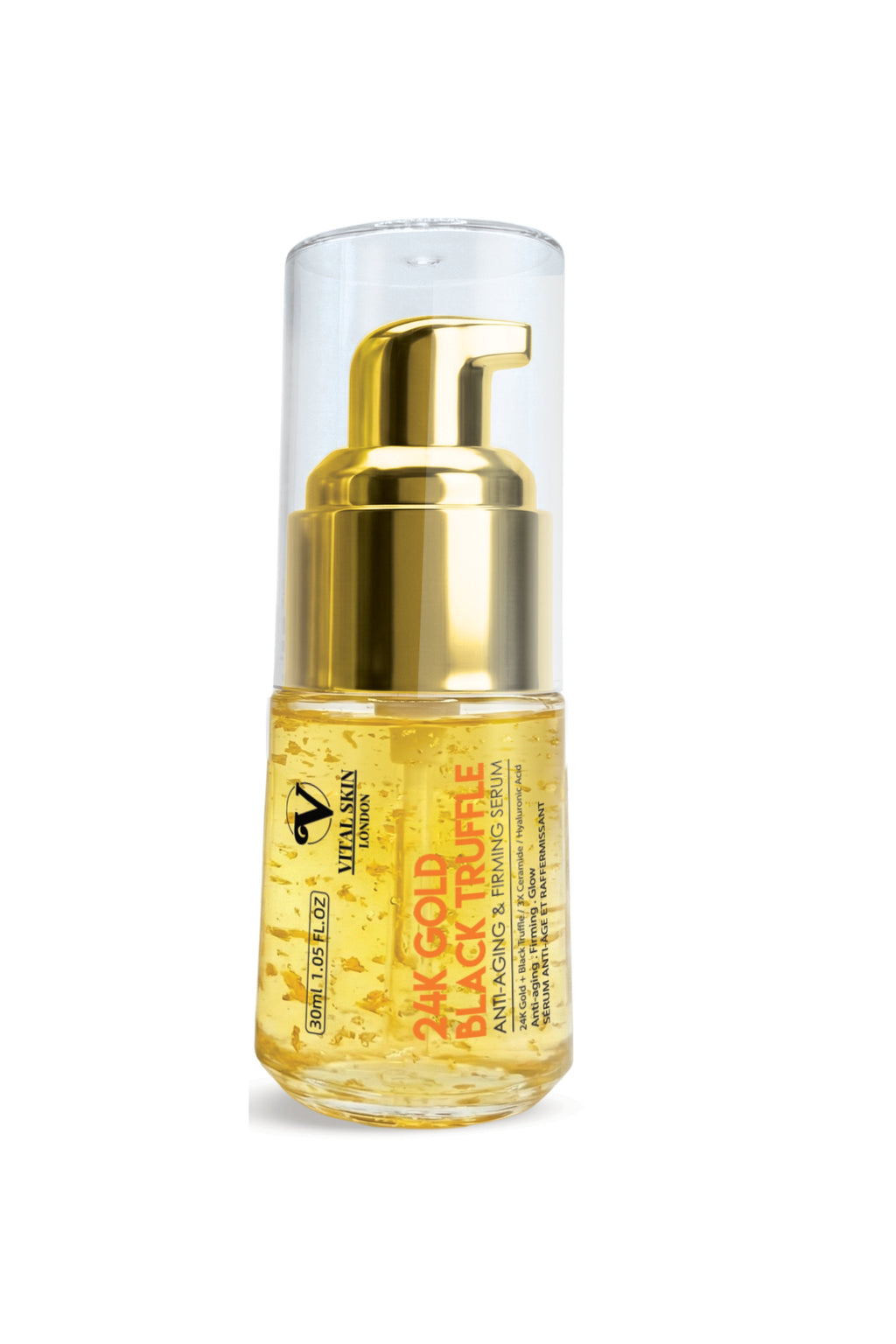 24K Gold Black Truffle Anti-Aging & Firming Oil Serum in a clear pump bottle with gold accents, showcasing a golden oil inside.