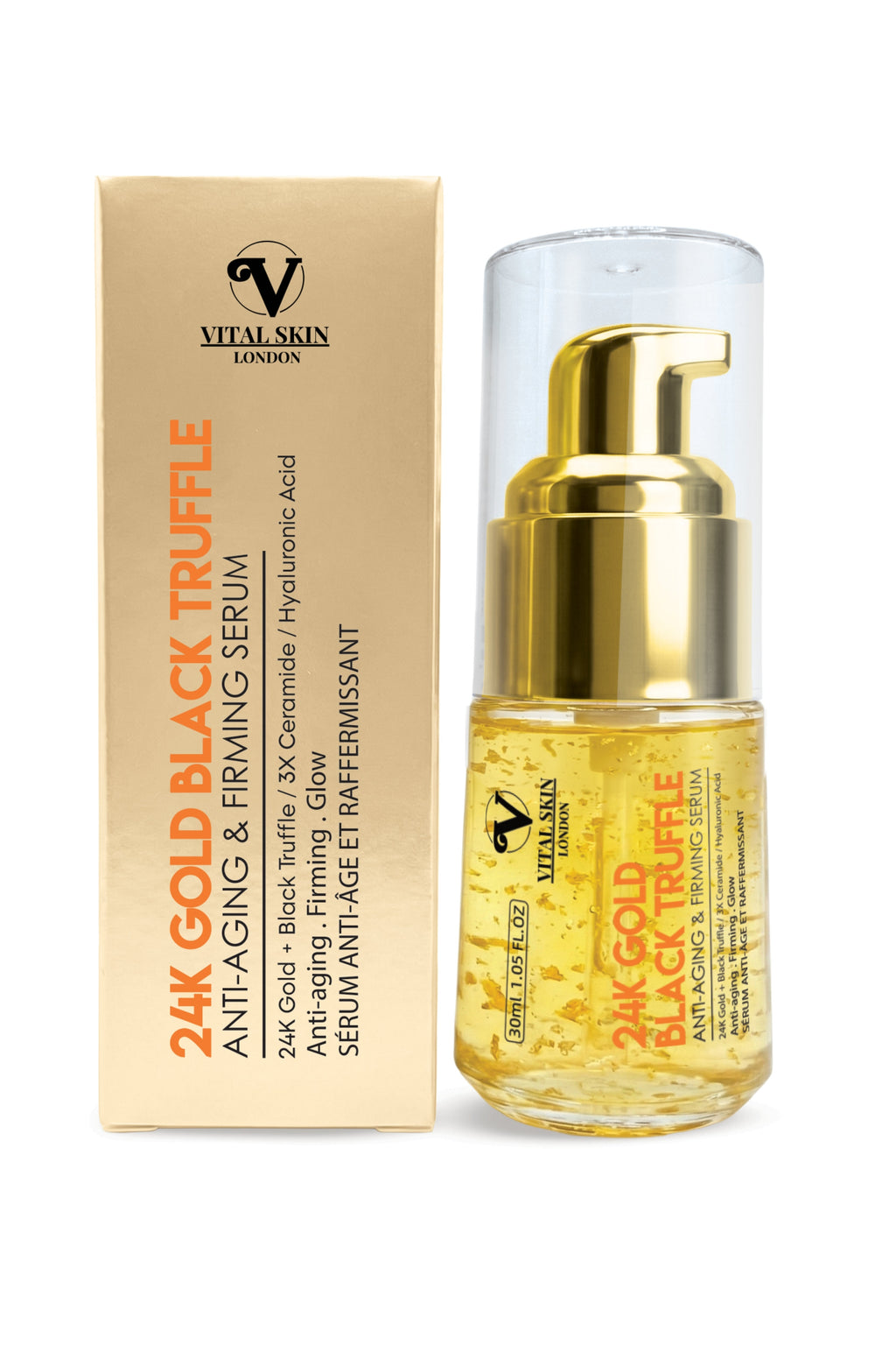 24K Gold Black Truffle Anti-Aging & Firming Oil Serum in a clear bottle with a gold pump, featuring golden flakes and a gold box.