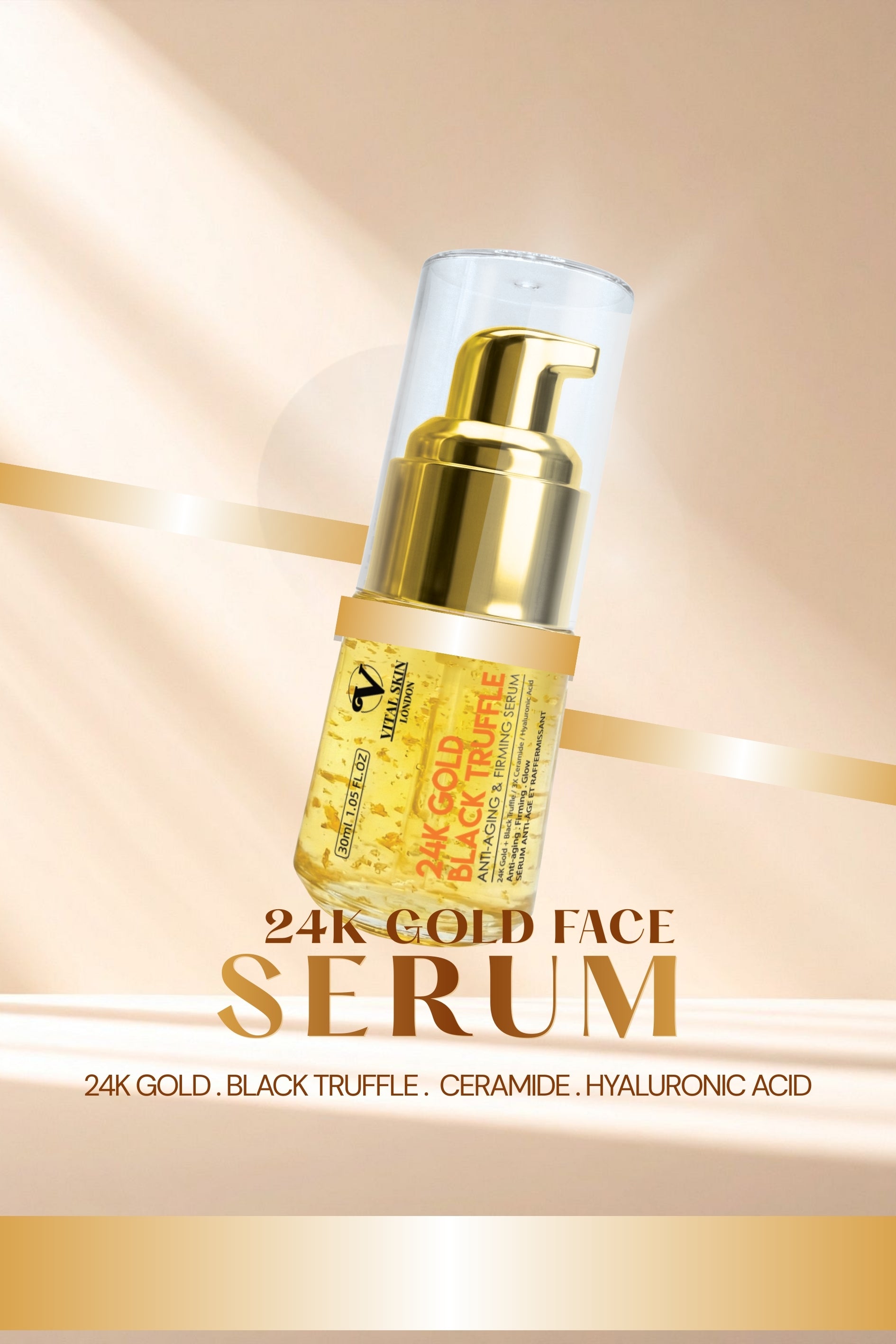 24K Gold Black Truffle anti-aging serum in a clear pump bottle with a gold dispenser, set against a soft, neutral background.