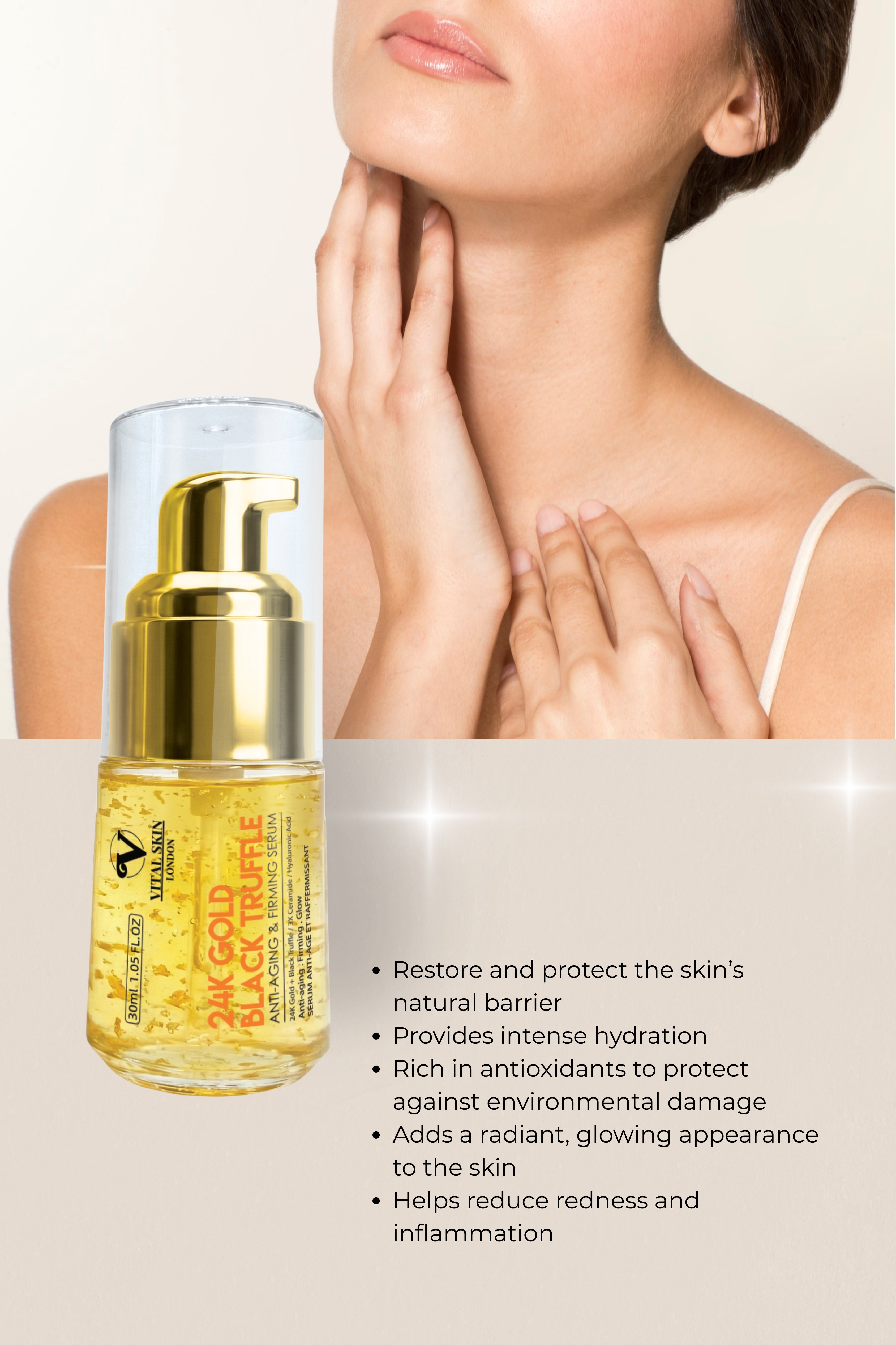 24K Gold Black Truffle Anti-Aging & Firming Oil Serum in a clear bottle, applied to a woman's neck, showing a glowing complexion.
