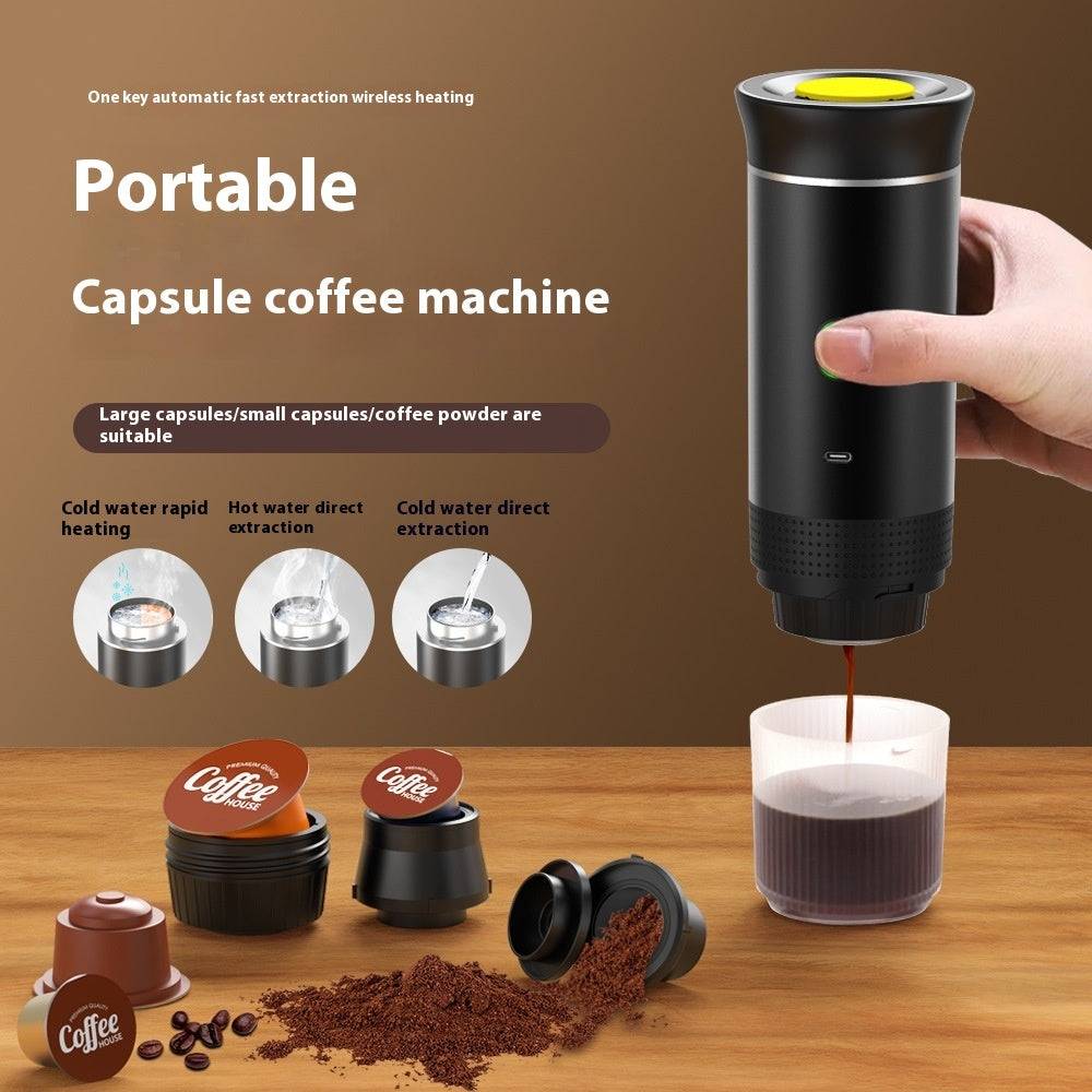 Portable capsule coffee machine in black, held in hand, with coffee brewing into a clear cup. Coffee capsules displayed nearby.