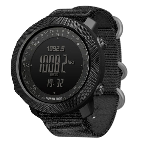 Black North Edge Apache 3 men's sports watch featuring a digital display, rugged case, and fabric strap with metal loops.