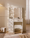 Amya Dressing Table Set in white, featuring a sliding mirror, five drawers, and a matching padded stool.