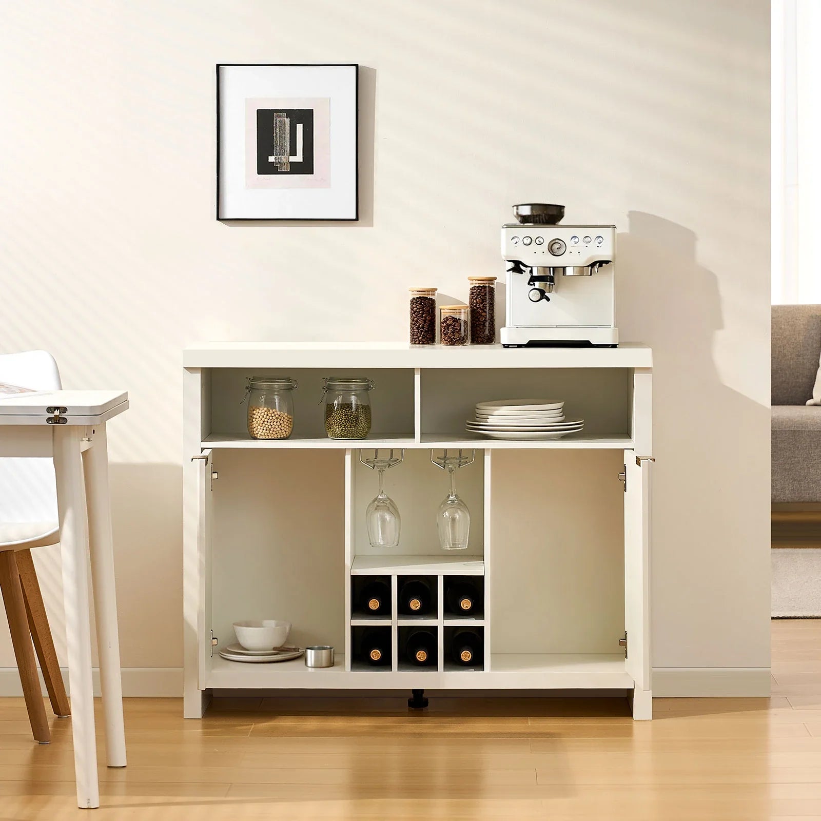 Warm white Arden Wine Bar Cabinet with fluted panel doors, brushed gold handles, and open shelves for storage.