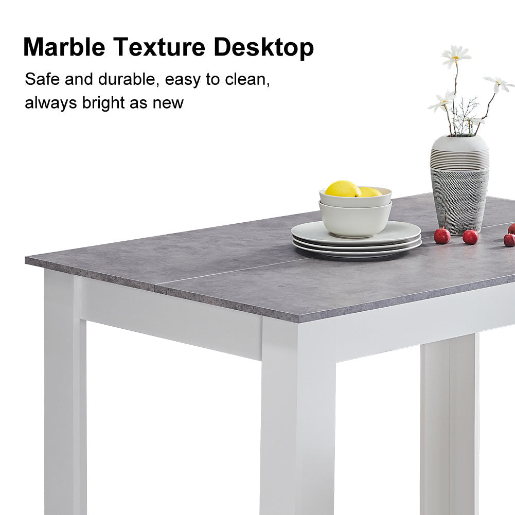 Grey marble texture tabletop with white legs, featuring plates of lemons and decorative vase. Suitable for dining spaces.