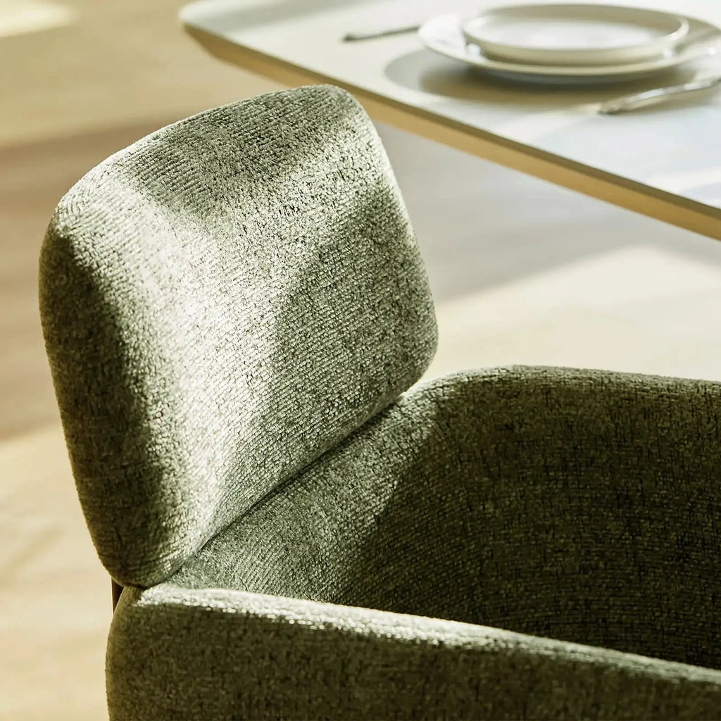 Smoky grey chenille swivel chair with a clean design, featuring a high back and soft upholstery, ideal for dining or office use.