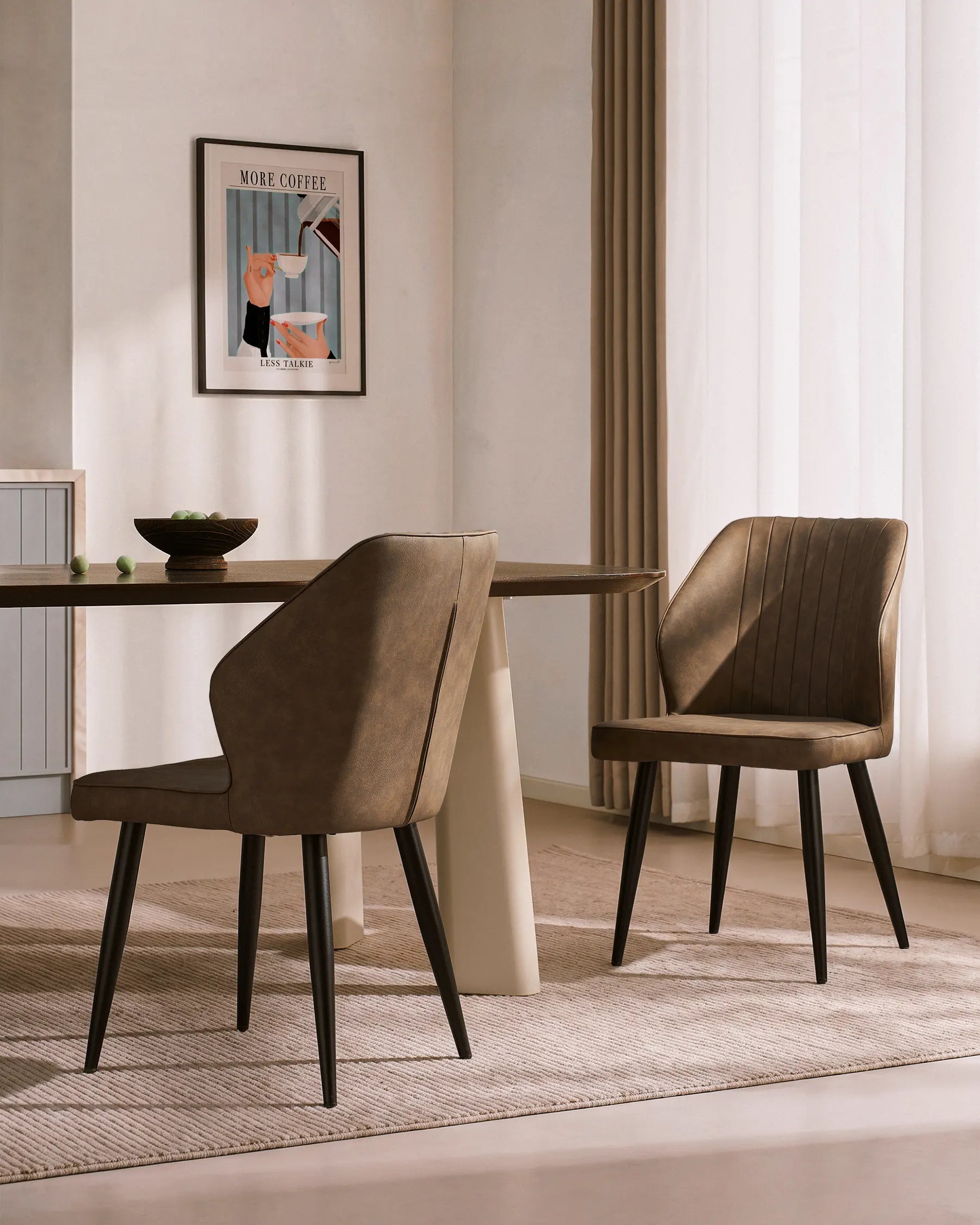Set of 6 Danforth Faux Leather Dining Chairs in beige and light grey, featuring black metal legs and ribbed back design.