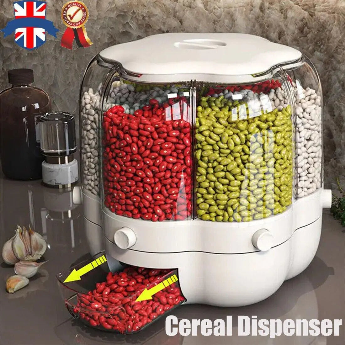 Dry Food Storage Container with a white body and transparent sections, displaying red, green, and white beans. Features two dispensing trays.