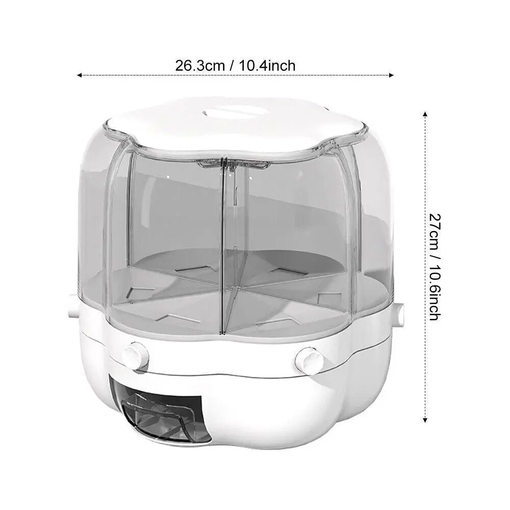 Rotatable dry food storage container in white, featuring a transparent body and six-grid design for easy access.