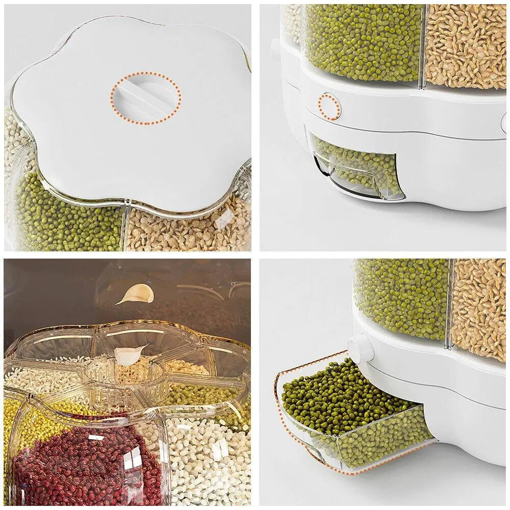 Rotatable white dry food storage container featuring a floral lid design and a transparent body with six compartments.