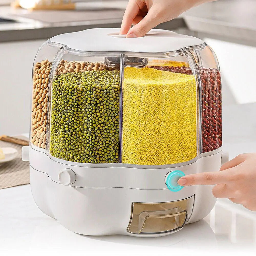 Rotatable dry food storage container with a transparent body and multi-grid design, showcasing various grains and a user pressing the button.