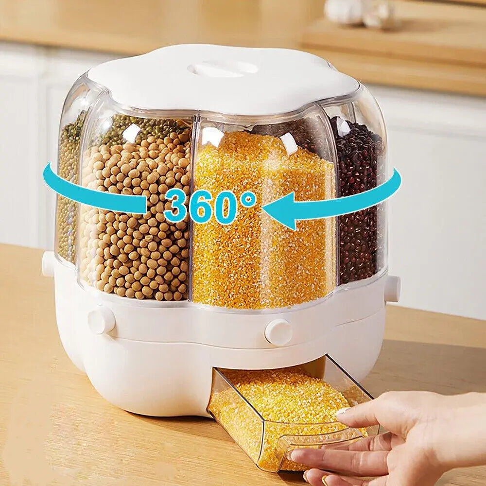 Rotatable dry food storage container in white with six transparent compartments showcasing various grains and snacks.