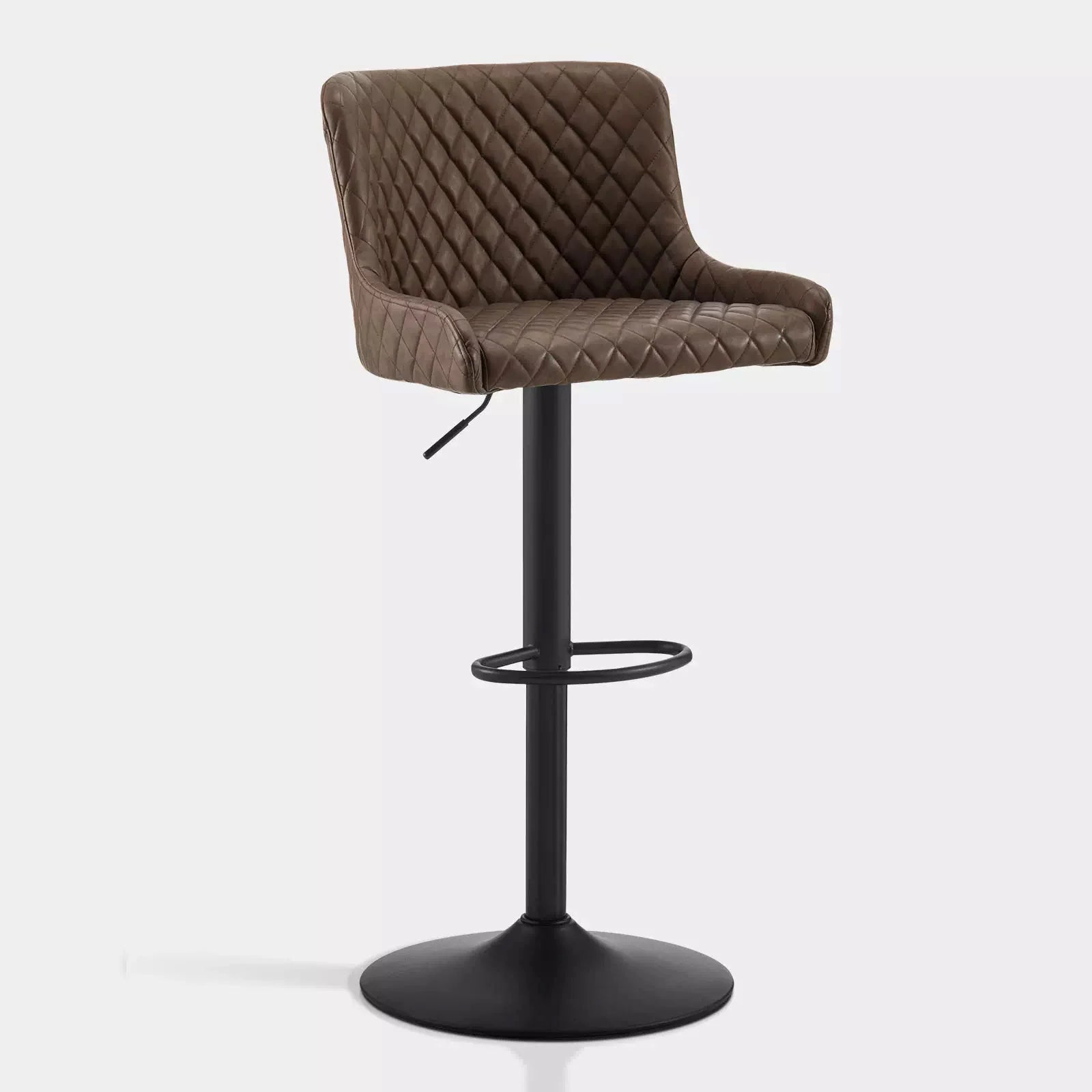 Height-adjustable bar stool with a quilted brown faux leather seat and a black metal base, featuring a footrest for comfort.