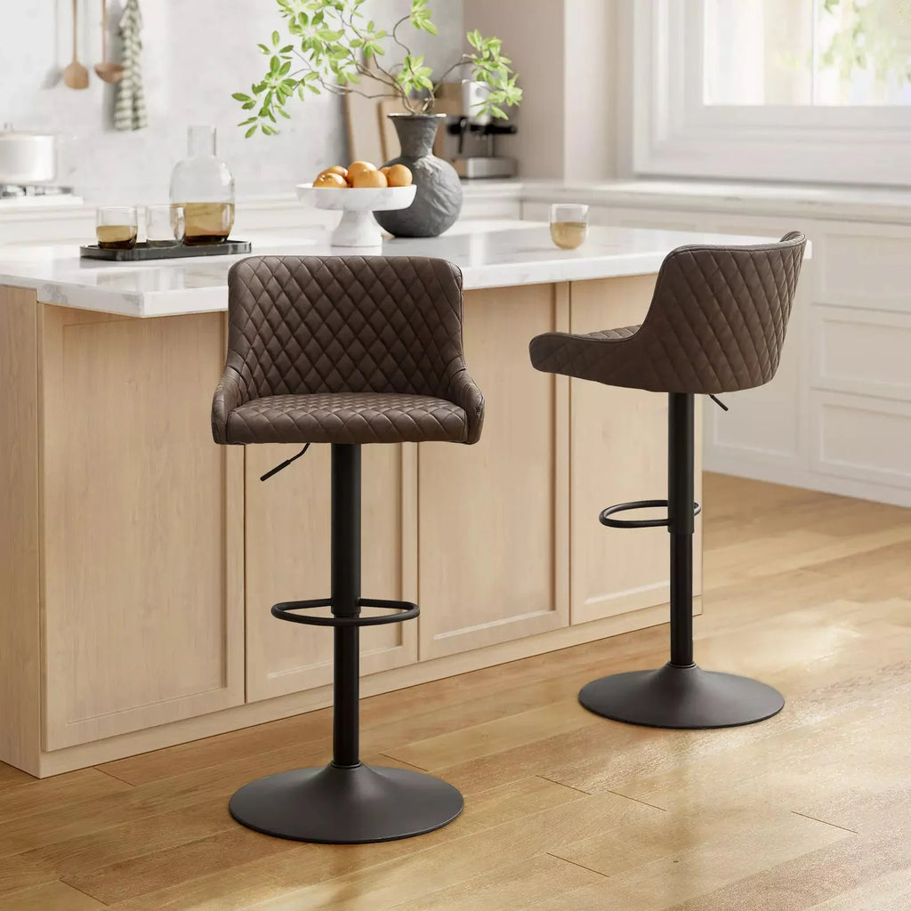 Height adjustable, brown faux leather bar stools with quilted design and sturdy black metal bases, set of two.