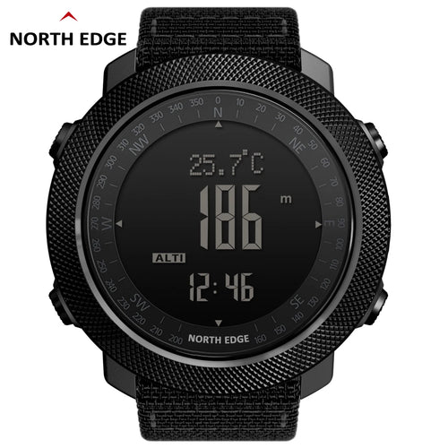 North Edge Apache 3 men's sports watch with digital display, black alloy case, rugged rubber strap, and military-style design.
