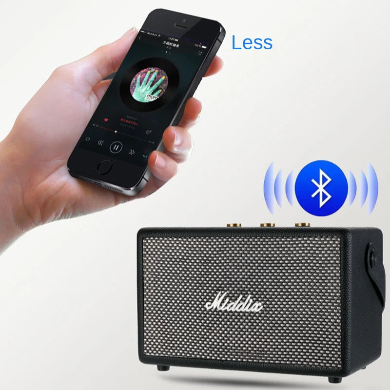 Portable Retro Bluetooth Speaker in black with a textured speaker grille, shown beside a hand holding a smartphone.