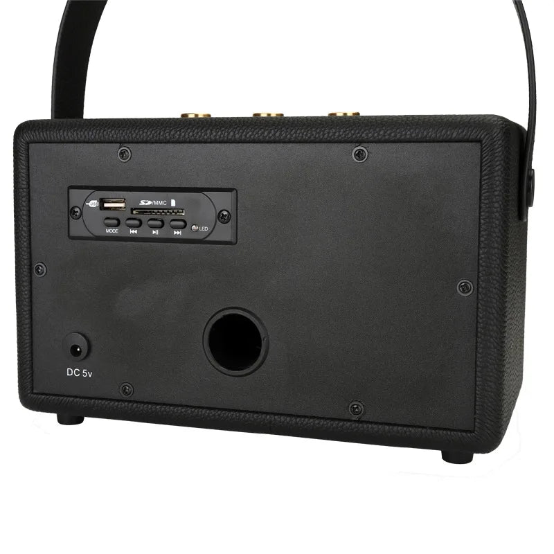 Wooden-finish portable retro Bluetooth speaker with AUX, USB ports, and controls on a sleek black background.