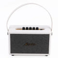 Portable Retro Bluetooth Speaker in white with a wooden accent, featuring a handle and control knobs on top.