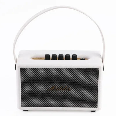 Portable Retro Bluetooth Speaker in white with a wooden accent, featuring a handle and control knobs on top.