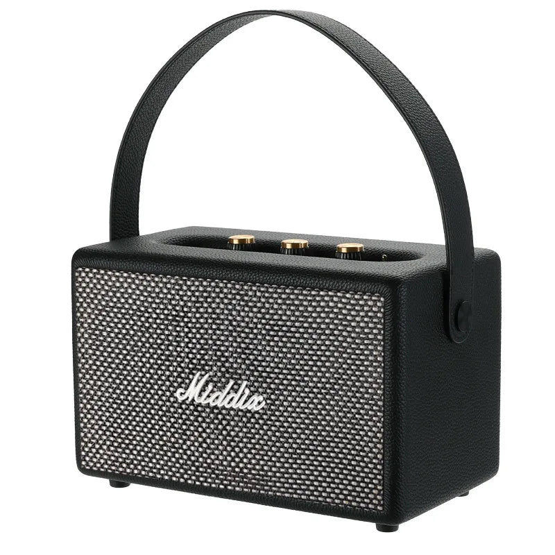 Portable retro Bluetooth speaker with a black handle, textured surface, and gold knobs; features a wooden finish for a vintage look.