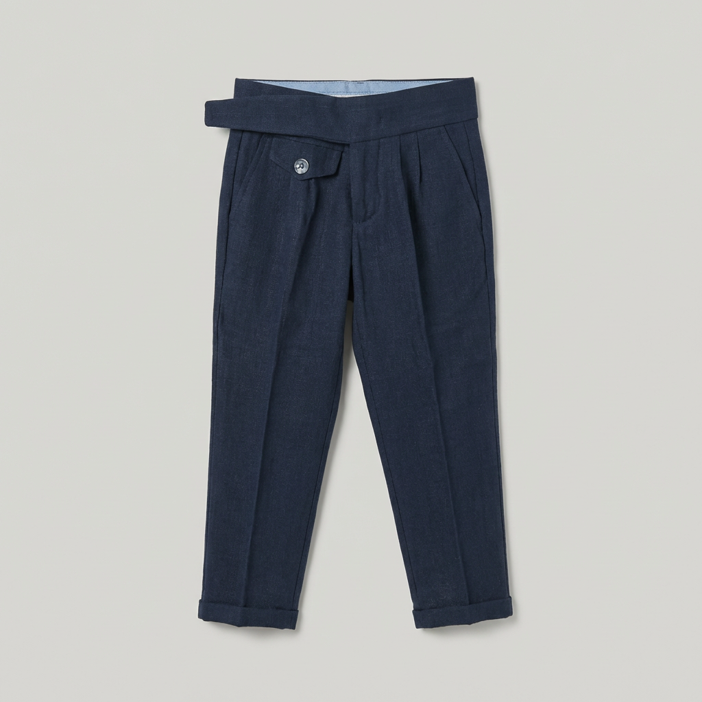 Navy blue formal trousers for boys, featuring a tailored fit, pleats, and rolled cuffs.