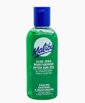 Green bottle of Malibu Aloe Vera Moisturising After Sun Gel with a blue cap, displaying text about its soothing properties.