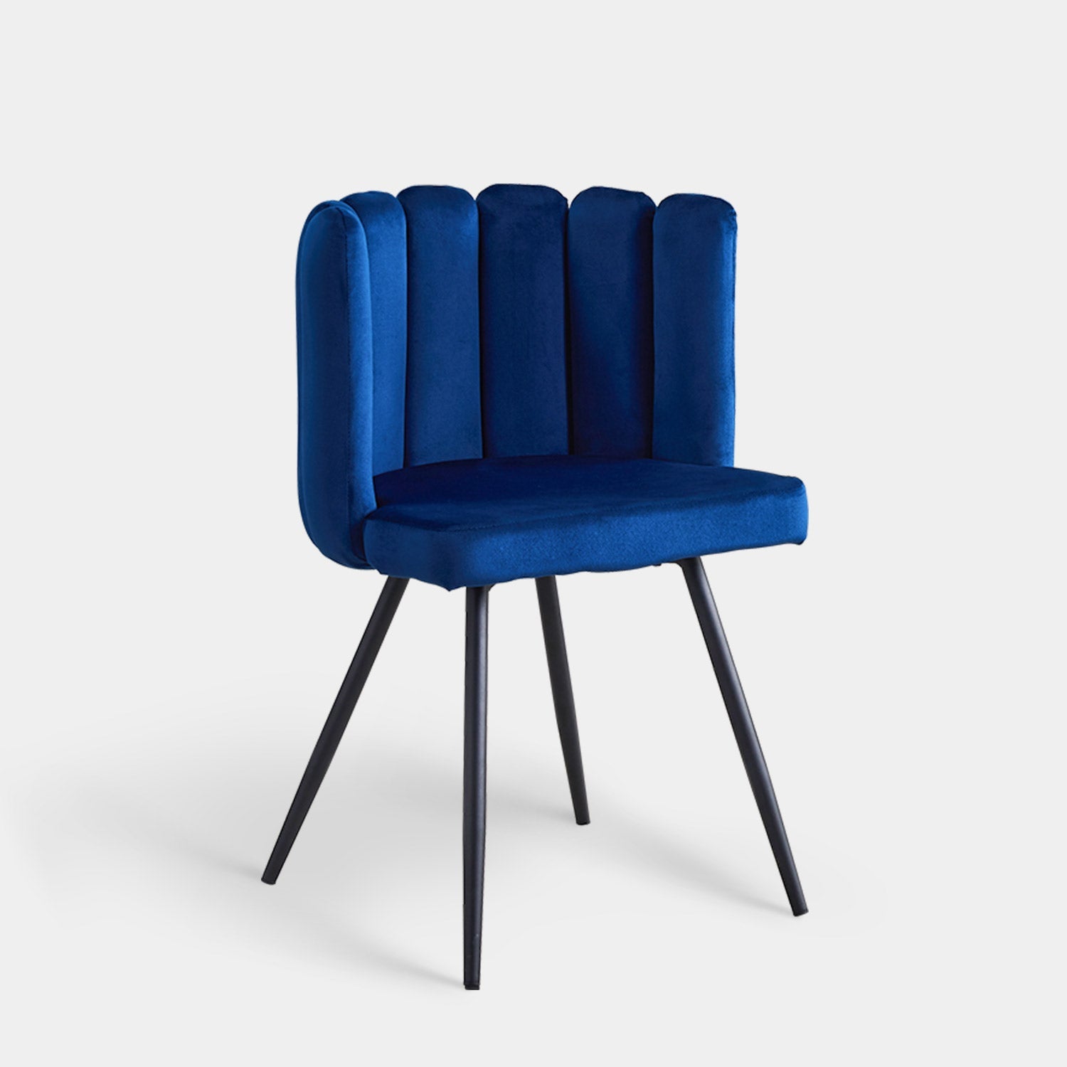 Deep blue velvet accent dining chair with tufted petal backrest and tapered black metal legs. Stylish and comfortable design.