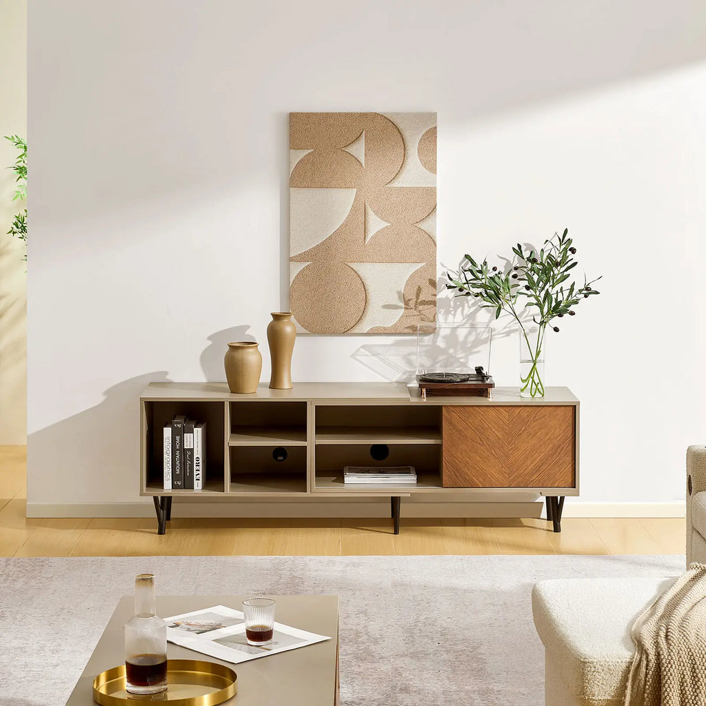 Extendable Milano TV stand in walnut and sand beige with six open shelves and a decorative drawer, featuring sleek iron legs.