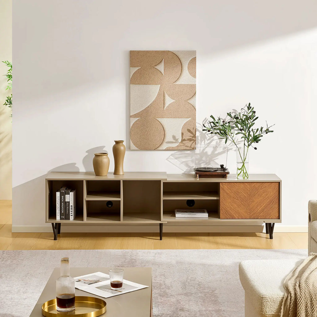 Extendable Milano TV stand in walnut and sand beige, featuring 6 open shelves and a wood-textured cabinet.