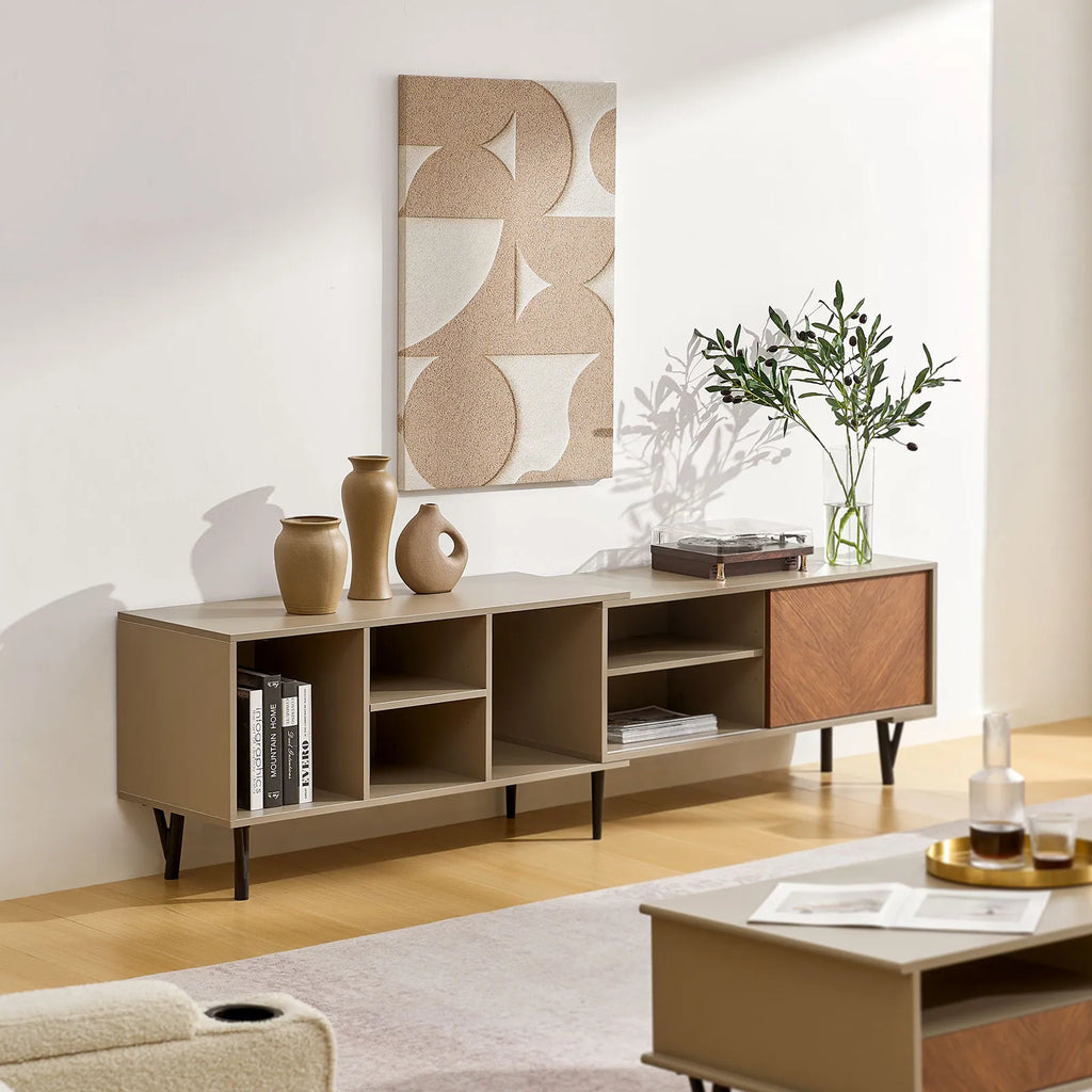 Milano Extendable TV Stand in walnut and sand beige with six open shelves and wooden veneer finish.