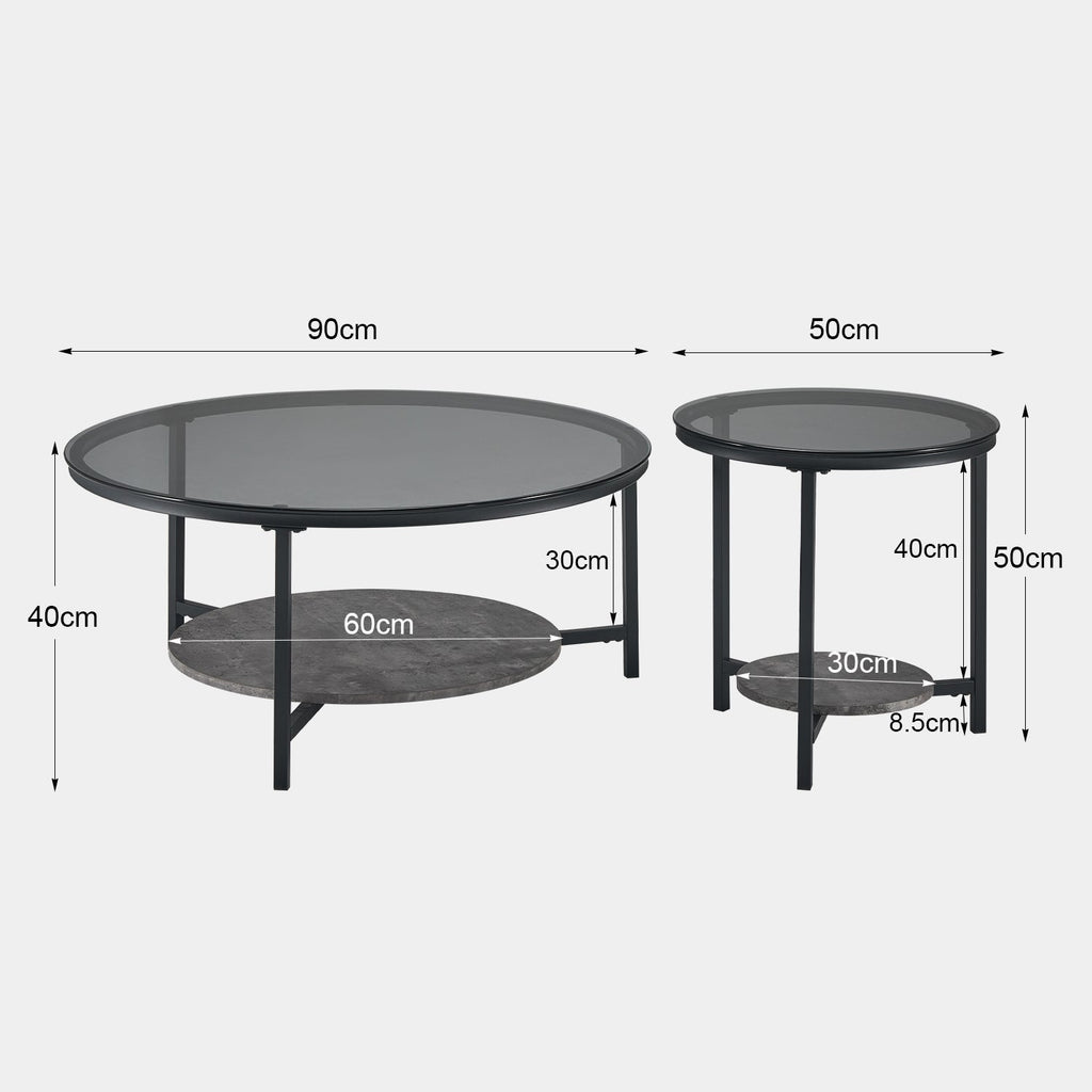 Two round black coffee tables with tempered glass tops and durable metal legs, showcasing a sleek design and nesting feature.