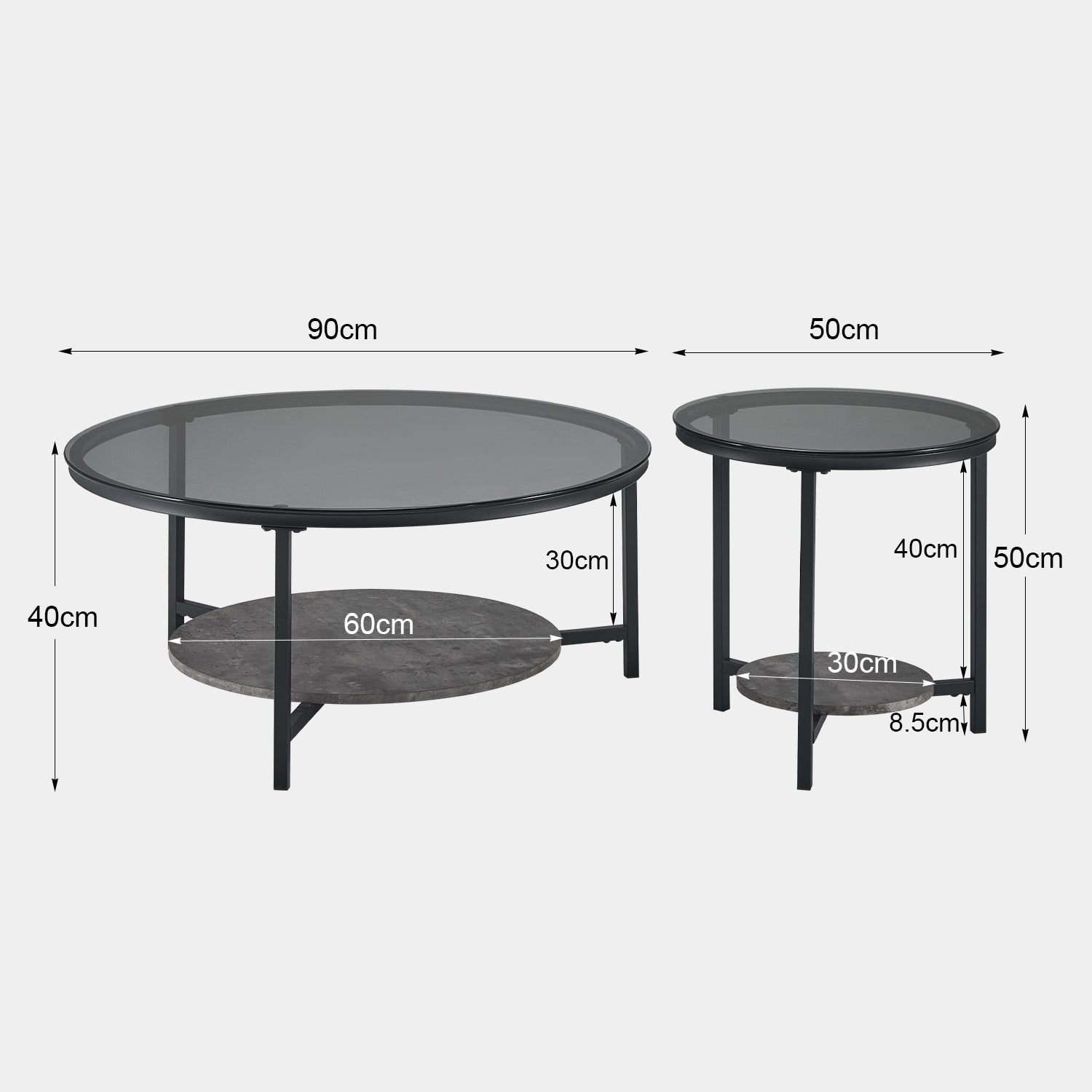 Two round black coffee tables with tempered glass tops and durable metal legs, showcasing a sleek design and nesting feature.