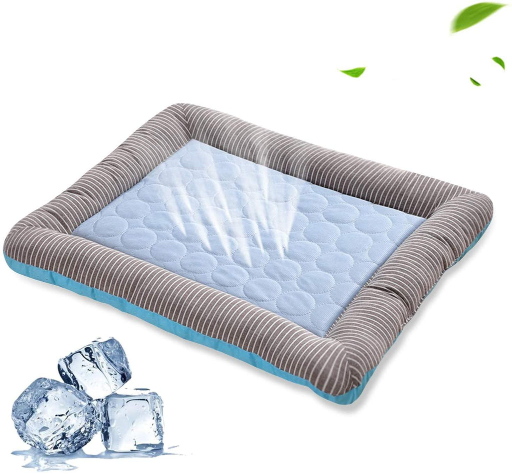 Cooling pet pad with a blue center and gray striped border, designed for comfort and breathability.