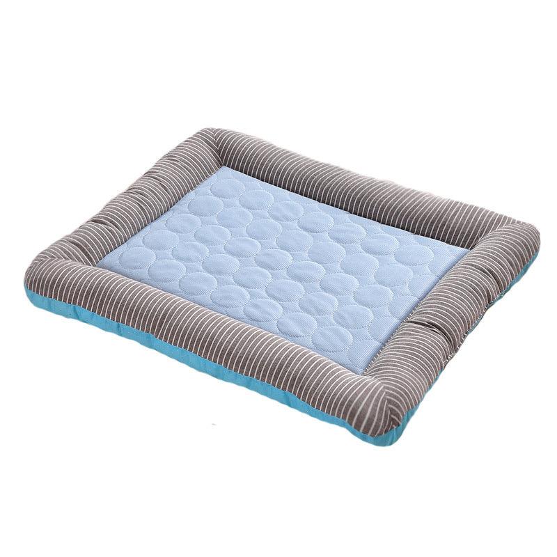 Cooling pet pad with a light blue quilted center and gray striped edges, suitable for pets to stay comfortable.