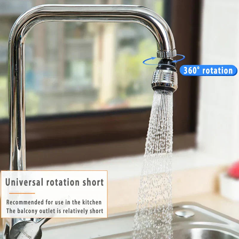 360-degree rotating faucet extender with a shiny metallic finish, spraying water in a kitchen sink setting.