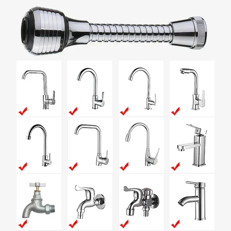 High-pressure faucet extender with a shiny chrome finish, featuring a flexible and rotatable neck for versatile use.