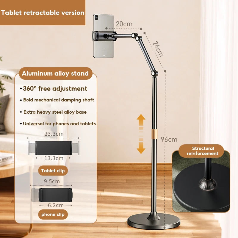 Tablet & Phone Floor Stand – Retractable Aluminium Lazy Holder