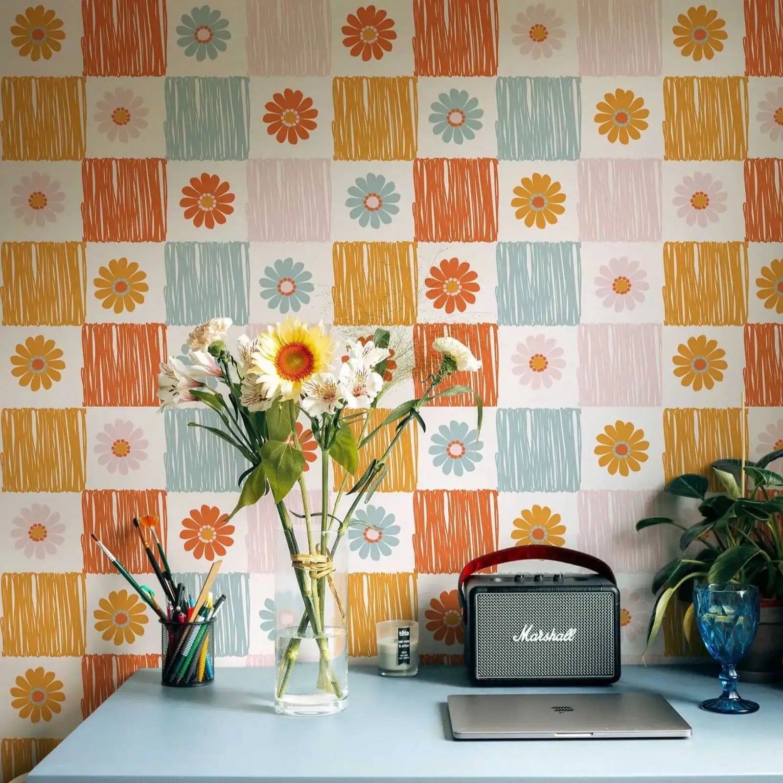 Retro Floral Peel & Stick Wallpaper – Groovy Kids Room Wall Decor