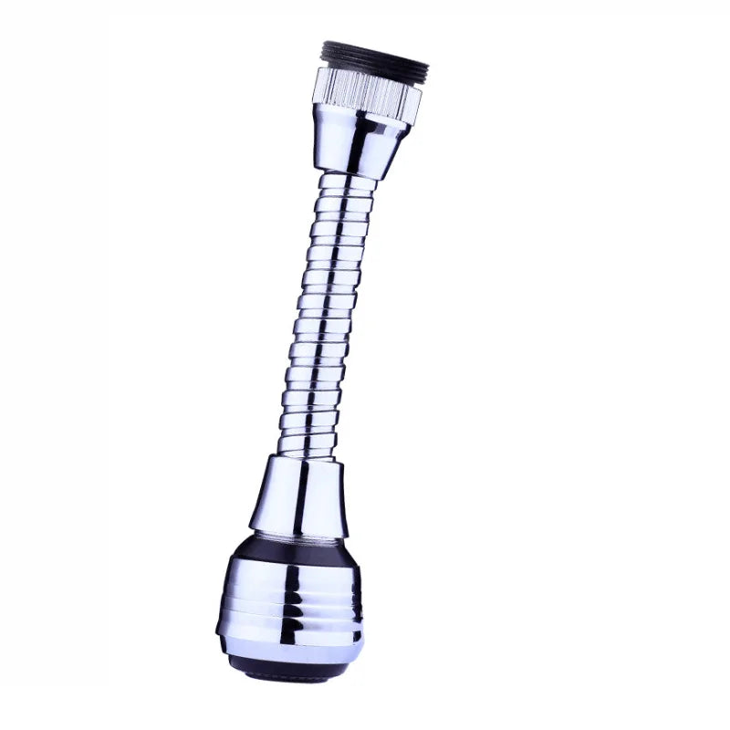 High-pressure faucet extender with a flexible, chrome-plated body and a black base, designed for 360-degree rotation.