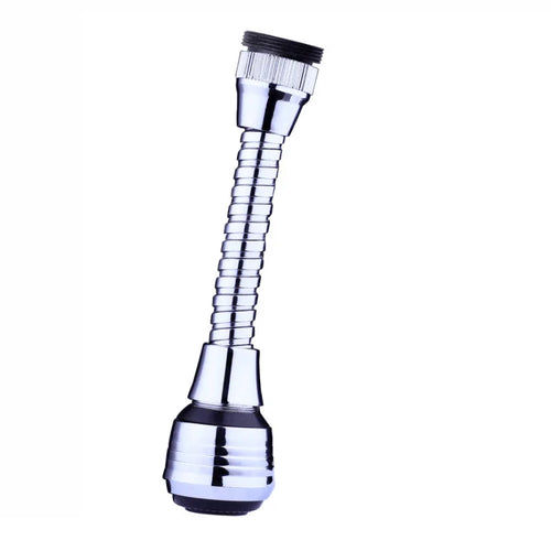 High-pressure faucet extender with a flexible, chrome-plated body and a black base, designed for 360-degree rotation.