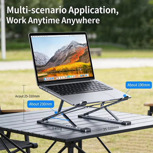 Height-adjustable, foldable aluminum laptop stand with anti-slip pads, supporting various laptop sizes on a table.