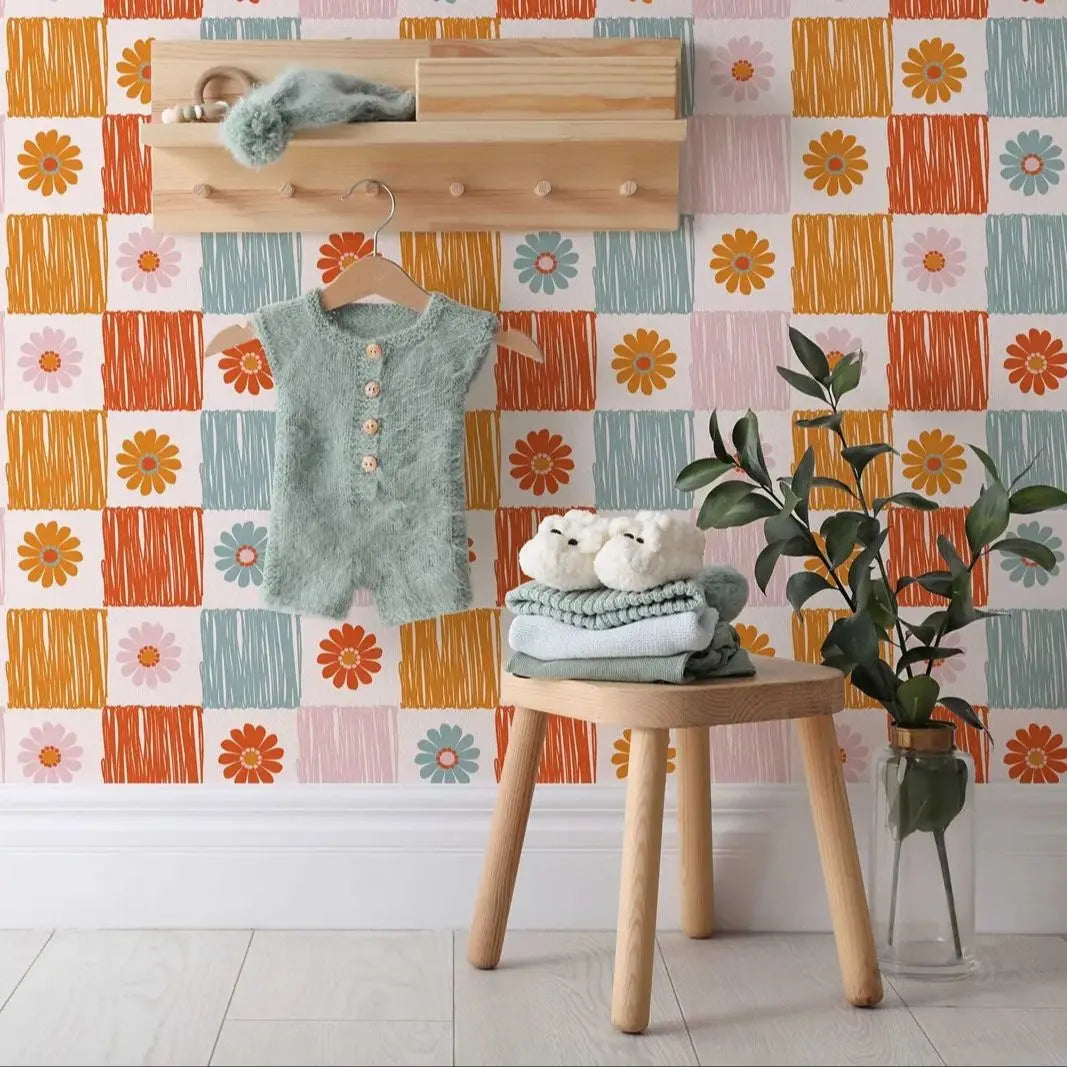 Retro Floral Peel & Stick Wallpaper – Groovy Kids Room Wall Decor