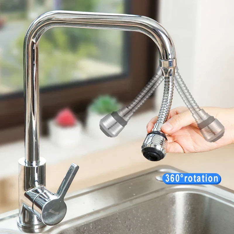 High-pressure faucet extender with a chrome finish, featuring a 360-degree rotatable design and flexible hose.