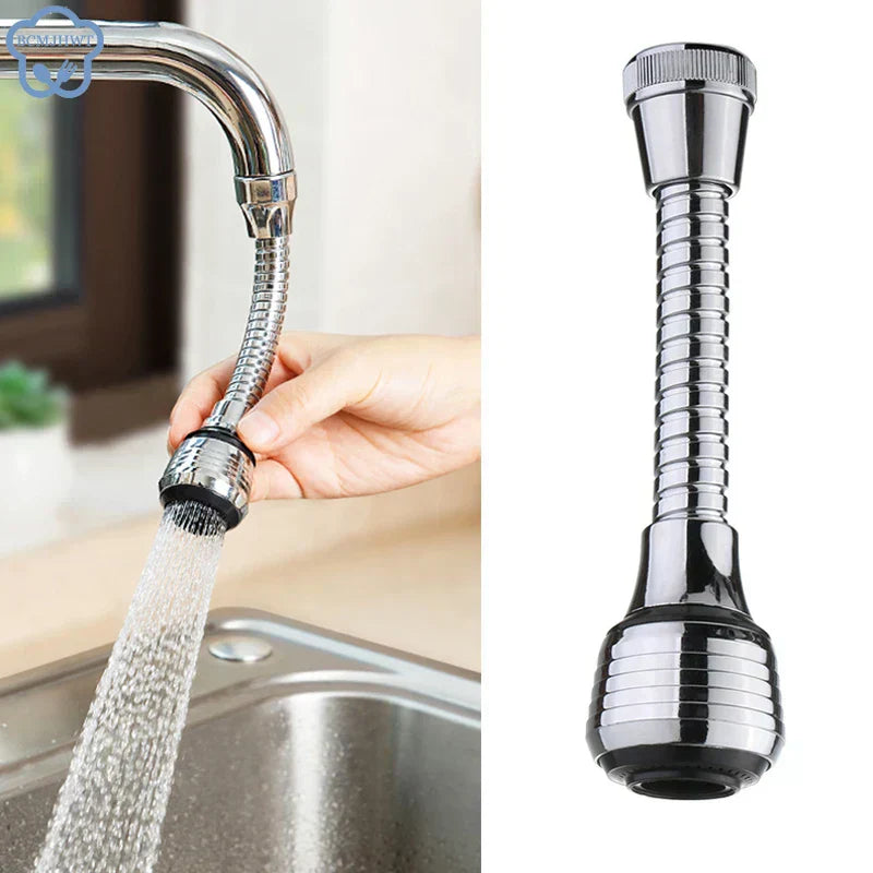360-degree rotatable faucet attachment with a chrome finish, featuring an aerated spray and a high-pressure mode, held in hand.