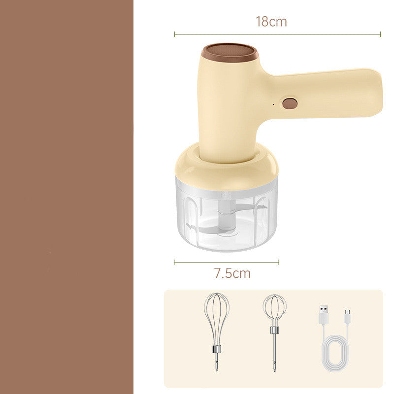Khaki USB rechargeable garlic chopper with a transparent container, featuring a handheld design and included whisk attachments.