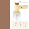 Khaki USB rechargeable garlic chopper with a transparent container, featuring a handheld design and included whisk attachments.