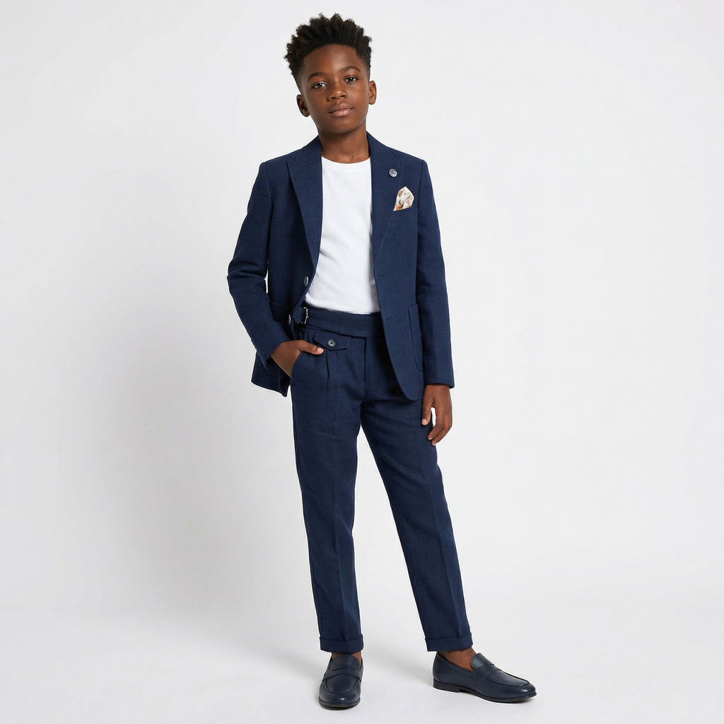 Navy blue formal suit for boys, featuring a structured blazer, tailored trousers, and a white t-shirt.