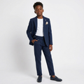 Navy blue formal suit for boys, featuring a structured blazer, tailored trousers, and a white t-shirt.